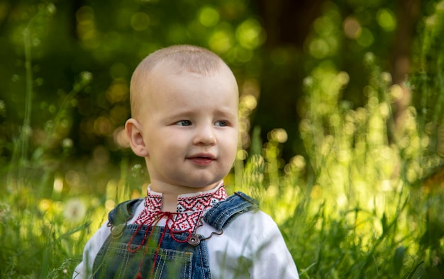 Baby boy in Ukrainian vyshyvanka in the park