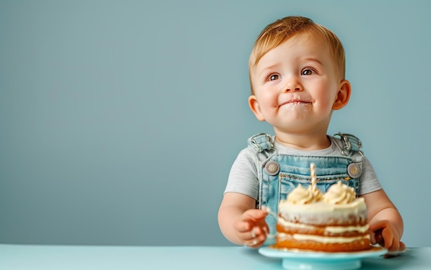 固い色の背景にデザートを示すケーキを備えた赤ちゃんの男の子