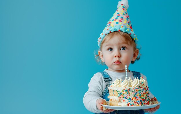 Foto bambino con una torta che mostra il dessert su uno sfondo di colore solido