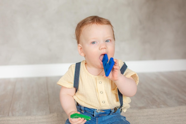 Baby boy with toys crawling on the floor at home