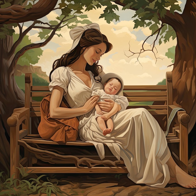 baby breastfeeding western mother cute lovely on bench under the tree