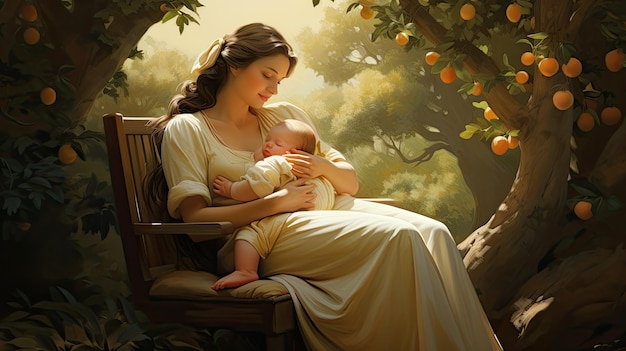 baby breastfeeding western mother cute lovely on bench under the tree