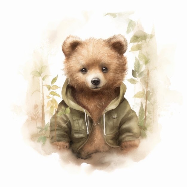 Baby brown bear wearing clothes on white background