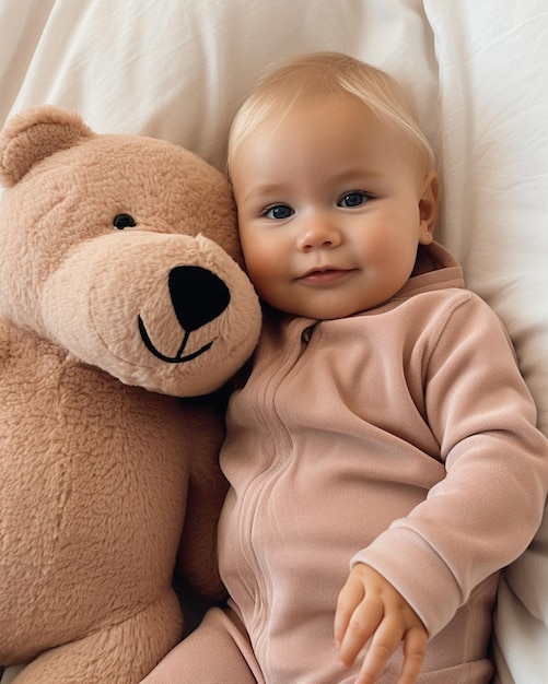 Baby in brown onesie and an old teddy bear Generative AI image