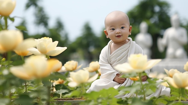 ベビー・ブッダは美しい花の庭に座っています アイが芸術を生み出しました