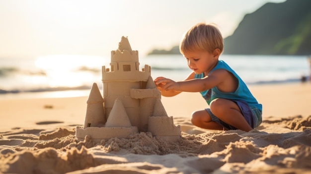 Photo baby building sand castle at the beach