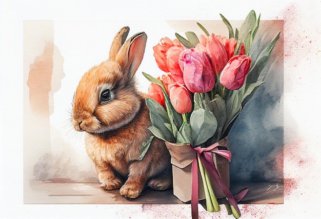 Baby Bunny konijn met geschenk van een boeket tulpen aquarel. Pasen ansichtkaart. Paaskaart met