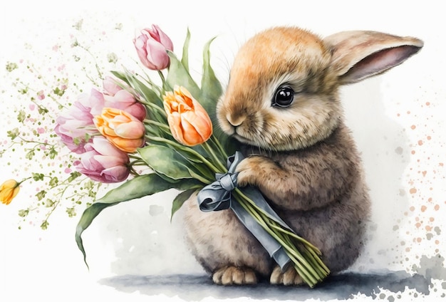 Baby Bunny rabbit holding gift of a bouquet of tulips watercolor. Easter postcard. Easter card with