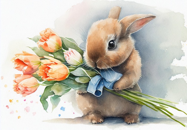 Baby Bunny rabbit holding gift of a bouquet of tulips watercolor. Easter postcard. Easter card with
