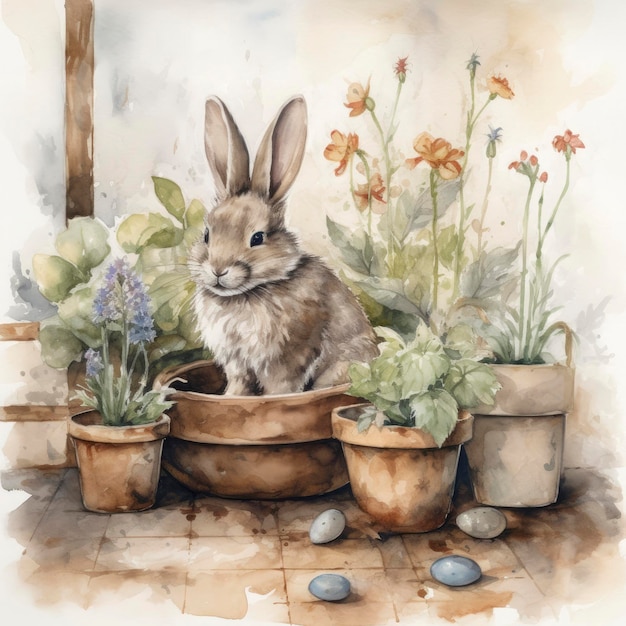 Baby bunny with flowers in pot on white background watercolor neutral colors Generate Ai