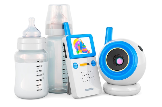 Baby cam audio baby monitor with baby bottles 3D rendering