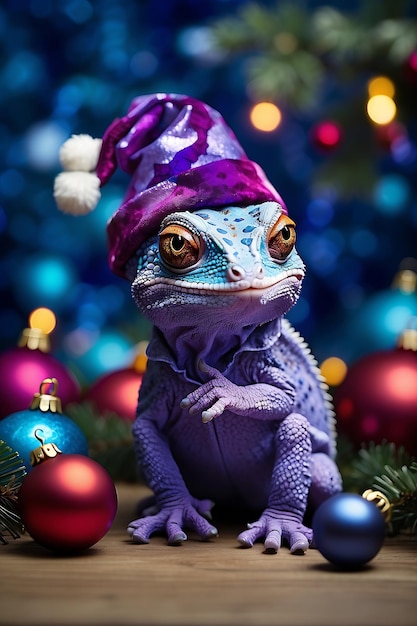 Photo baby cameleon with christmas image created with generative ai technology