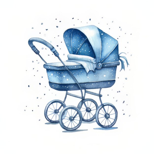 A baby carriage drawn in blue and white.