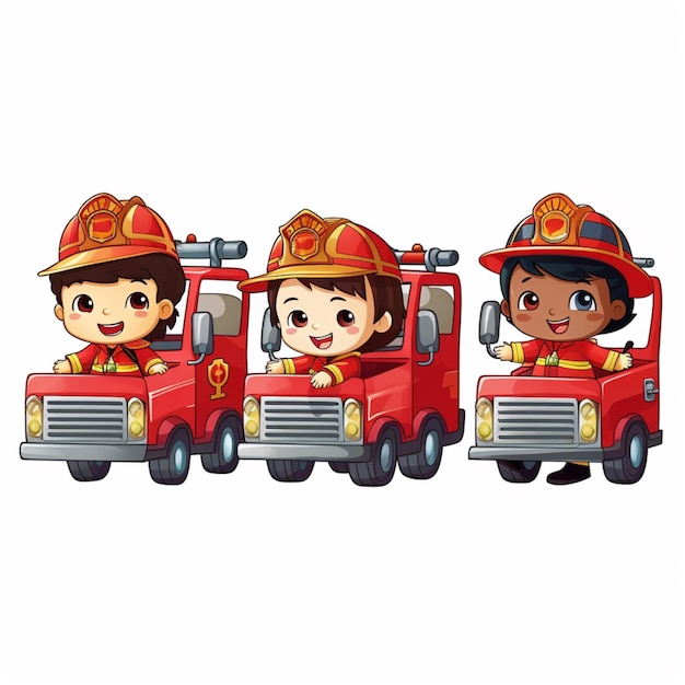 Photo baby cartoon kids firefighter riding fire truck picture ai generated art