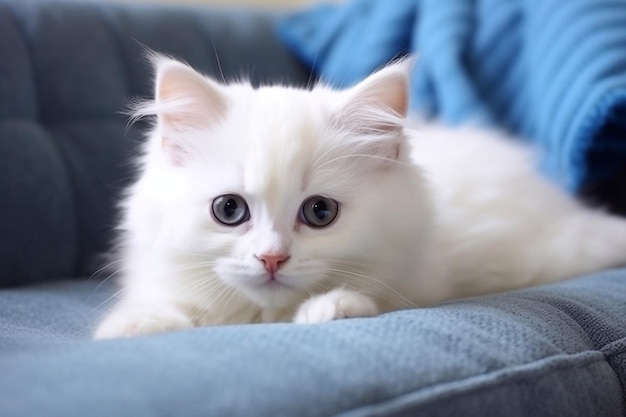 青い毛布の上にある赤ちゃんの猫編み物の毛布上のソファの上にある白い子猫