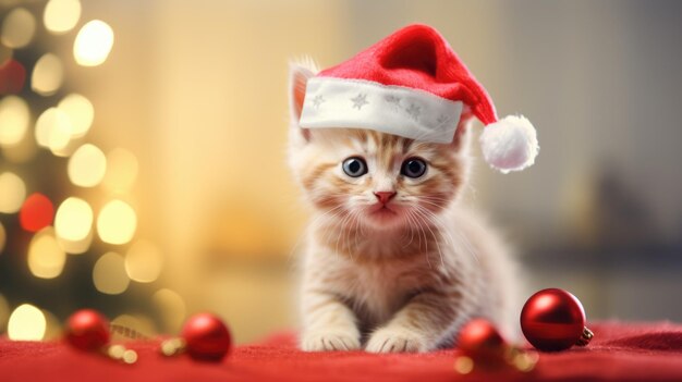 Foto gattino bambino in cappello rosso di natale a casa con decorazioni di natale comeliness