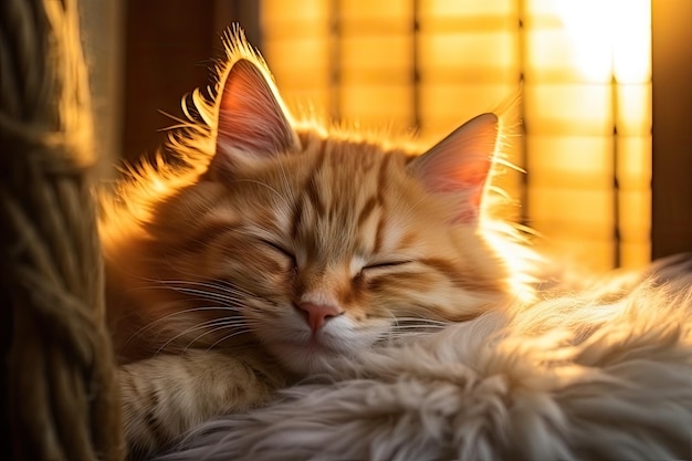 Маленькая кошка спокойно дремлет в уютном месте.
