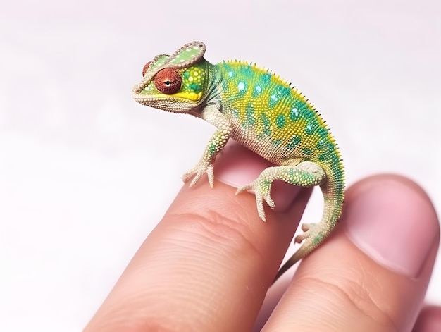 인간의 손가락에 쉬고 있는 아기 카멜레온 도마뱀 미니어처 AI 생성