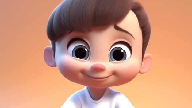 A baby character with a white shirt and black eyes stands in front of an orange background.