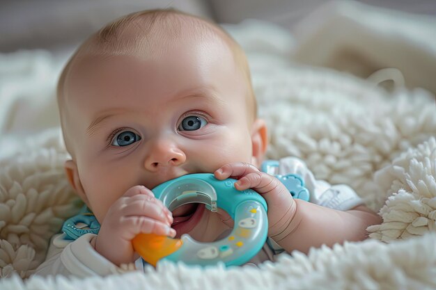 A baby chewing on a toy on a blanket