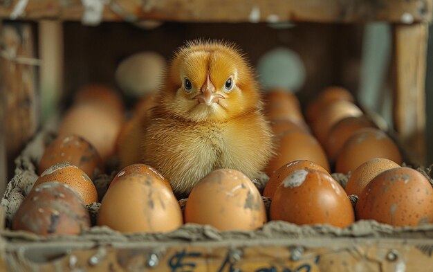 Photo baby chick sits in box of eggs