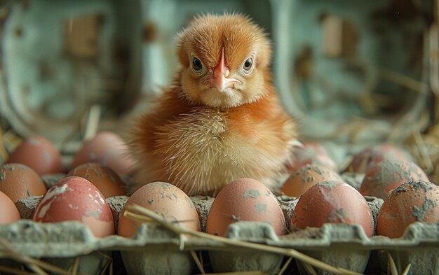 Photo baby chick sits in carton of eggs