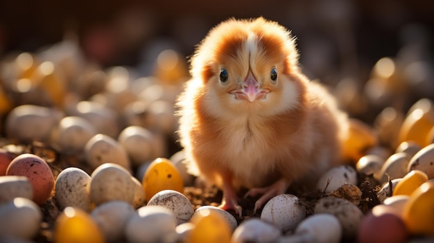 Baby chick stands among the eggs