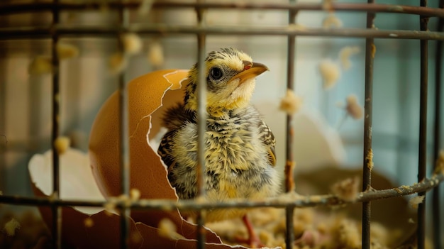 A baby chicken comes out of an egg in a cageGenerative AI