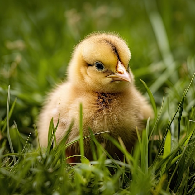 ふわふわの草の中に座っている鶏の赤ちゃん イースターイエローの愛らしい小動物