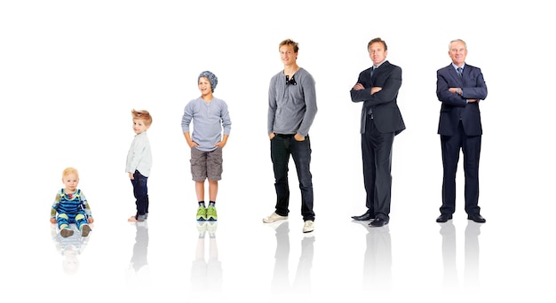 Photo baby child and life cycle of a man for age growth and future of a growing kid and senior in studio portrait of people in studio for change time and process of aging isolated on a white background