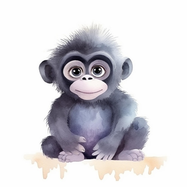 A baby chimpanzee with big eyes sits on a white background.