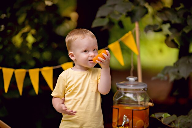 Foto baby citroenen eten en limonade drinken buiten op picknick