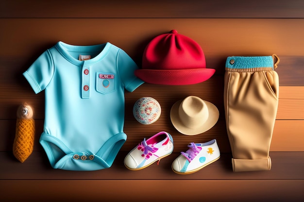 Photo a baby clothes set with a hat, shoes, and a hat