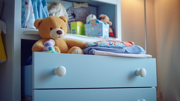 Baby clothes shoes and toys on chest of drawers in children room Stack of baby clothes