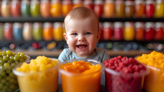 Baby in colorful cup smiling in front of baskets of fruits