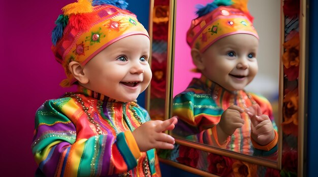 Foto bambino in un abito colorato che gioca con uno specchio