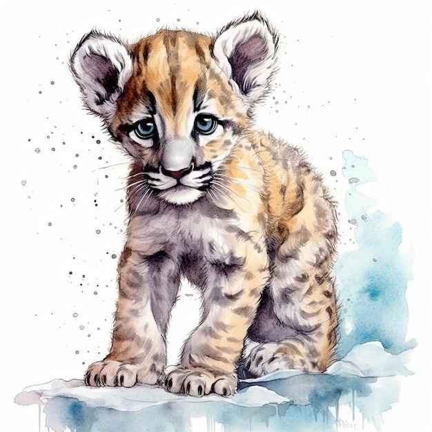 Baby Cougar aquarel met inkt omtrek op witte achtergrond hoog gedetailleerde generatieve AI