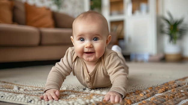 Baby crawling on the floor in living room