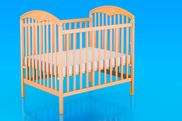 Baby crib infant bed on blue backdrop 3d rendering