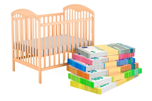 Baby crib infant bed with money euro packs 3D rendering