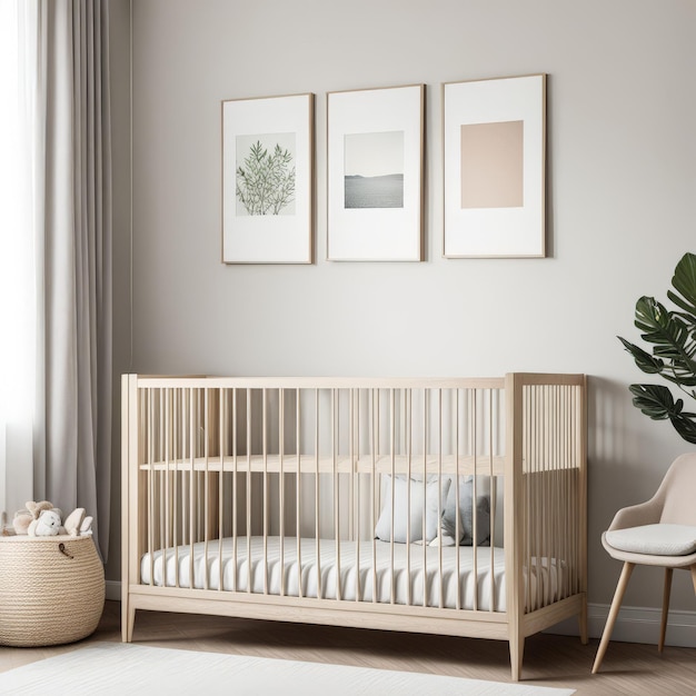 a baby crib is in a room with a plant and a plant