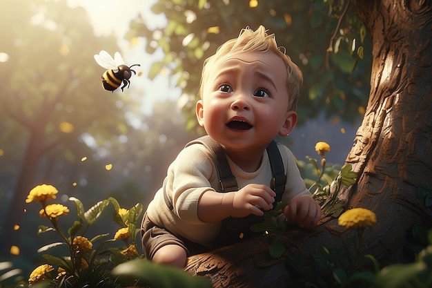 A baby crying and catching a tree with the bees on his body