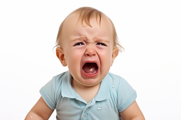 a baby crying with a blue shirt that says baby on it.