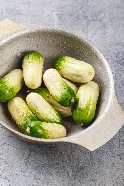 Baby cucumbers with unusual coloring in metal bowl