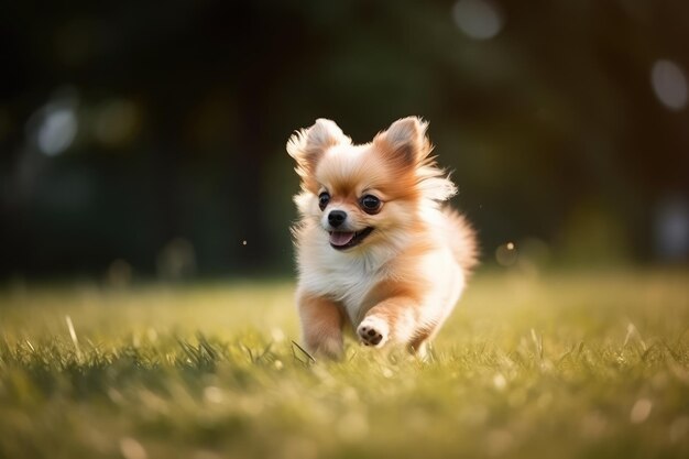 Baby cute dog running on the grass small dog AI