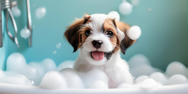 Baby cute puppy dog in bathtub with shampoo foam Happy dog takes a bath Generate Ai