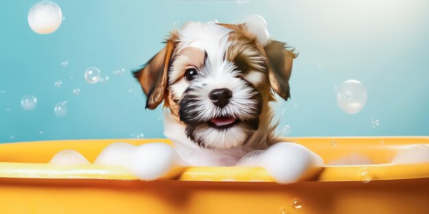 Baby cute puppy dog in bathtub with shampoo foam Happy dog takes a bath Generate Ai