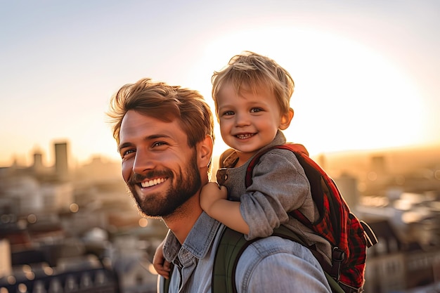 Photo baby on dad's shoulders on vacation