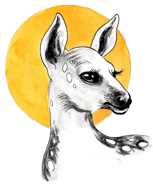 Baby deer head. Ink and watercolor drawing