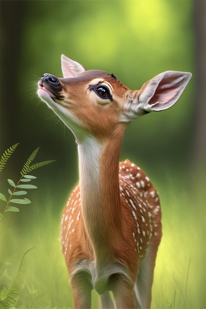緑豊かな緑のフィールド生成 ai の上に立っている赤ちゃん鹿